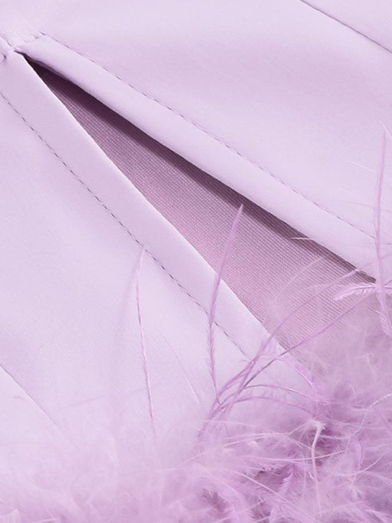 Purple Spaghetti Strap Satin Feather Hem Bodycon Dress Gown Party Dress