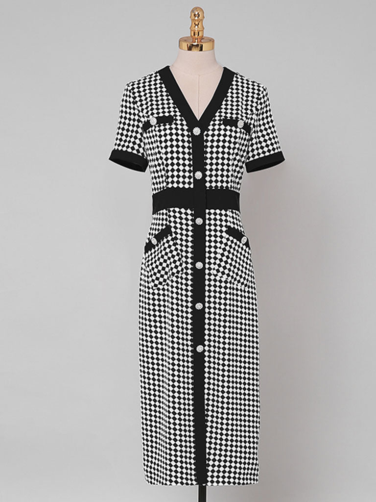 Green V Neck Checkerboard Print Short Sleeve 1940S Vintage Dress