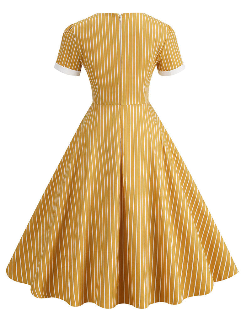 Square Collar Stripe 1950S Vintage Dress