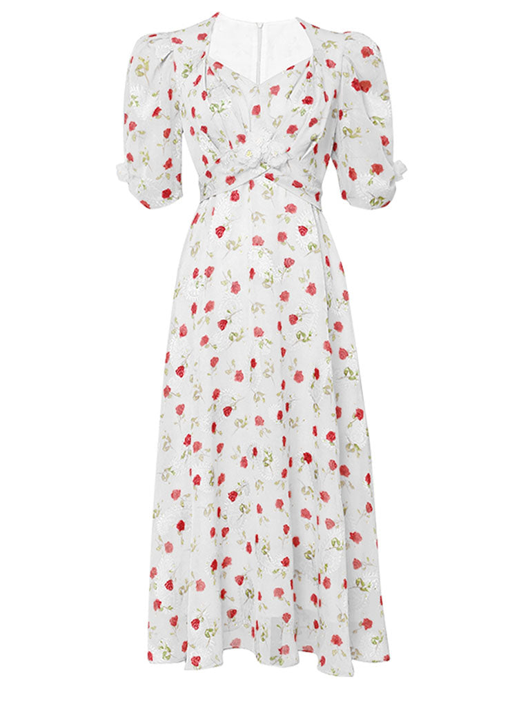 Pink Rose Floral Chiffon Vintage Style 1950S Dress