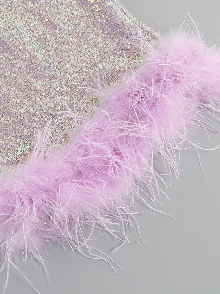 Purple Sweet Feather Hem Sequin Strapless Bodycon Gown Party Dress