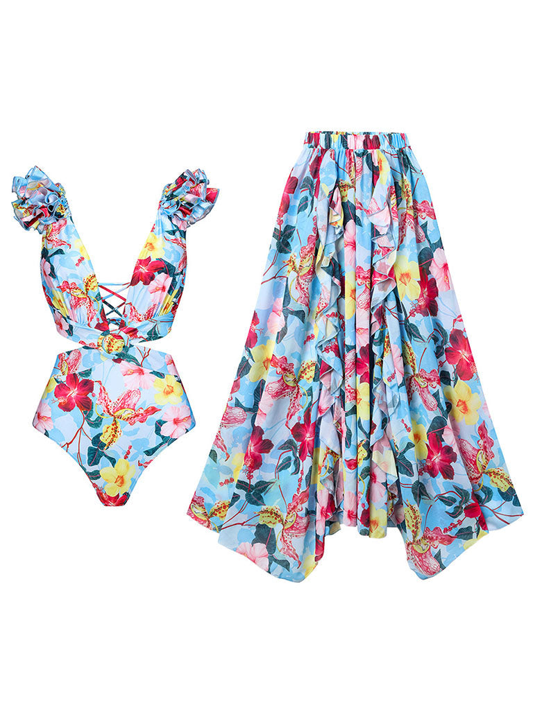 Blue Flower Print Ruffles One Piece