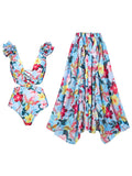 Blue Flower Print Ruffles One Piece