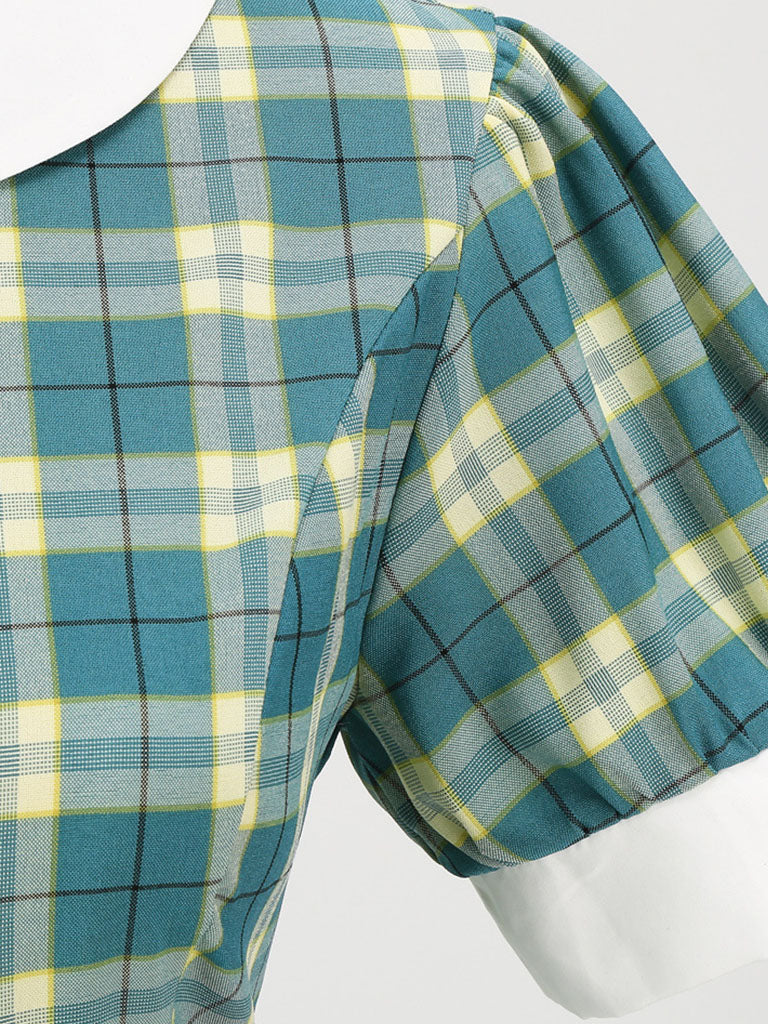 Green Plaid Peter Pan Collar Hepburn Style Puff Short Sleeved Elegant 1950S Swing Dress