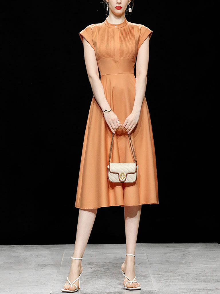 Orange Pleated Cap Sleeve Audrey Hepburn Style 50S Dress
