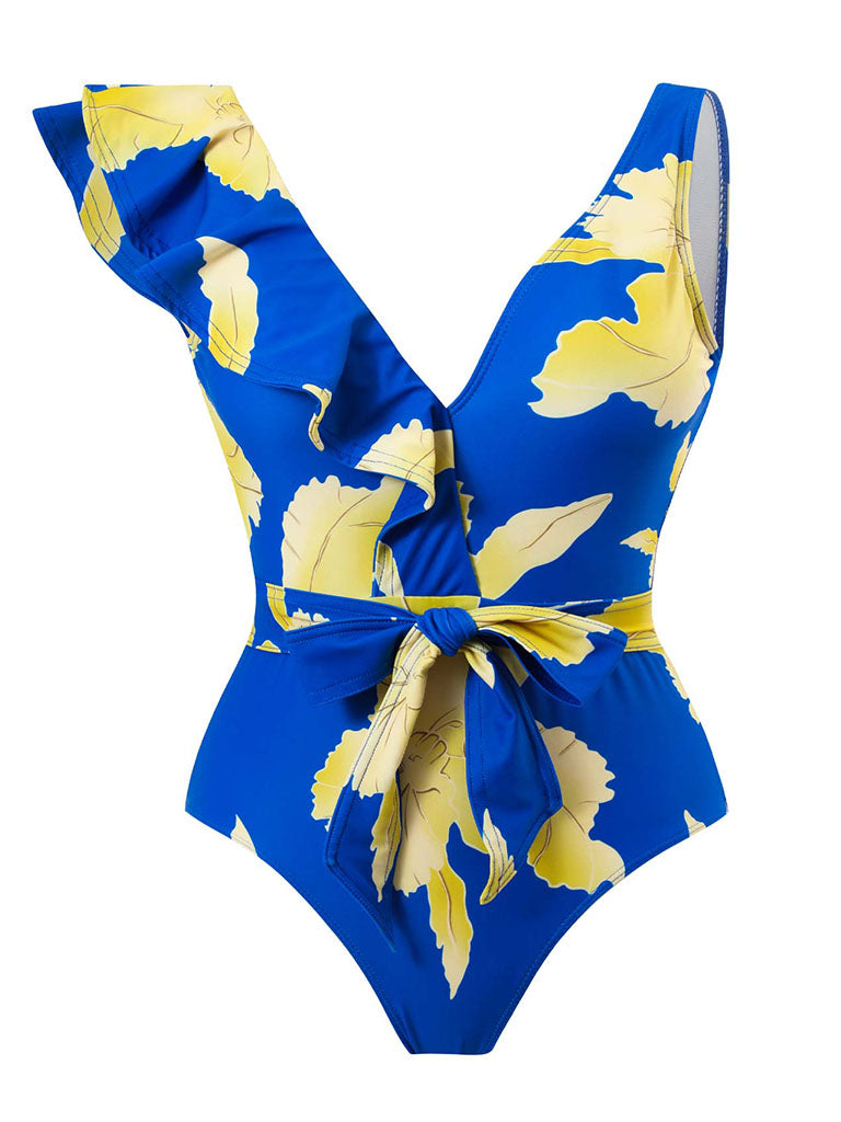 Blue Floral Print Ruffles Strap One Piece