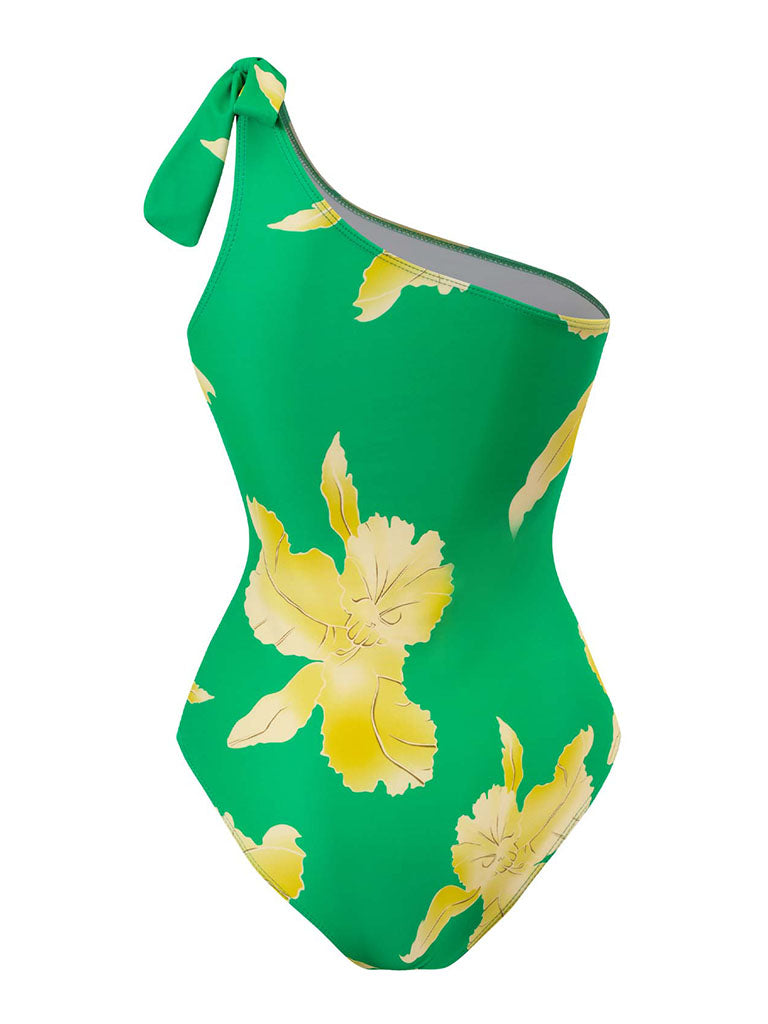 Blue Floral Print Ruffles One Shoulder Bodysuit