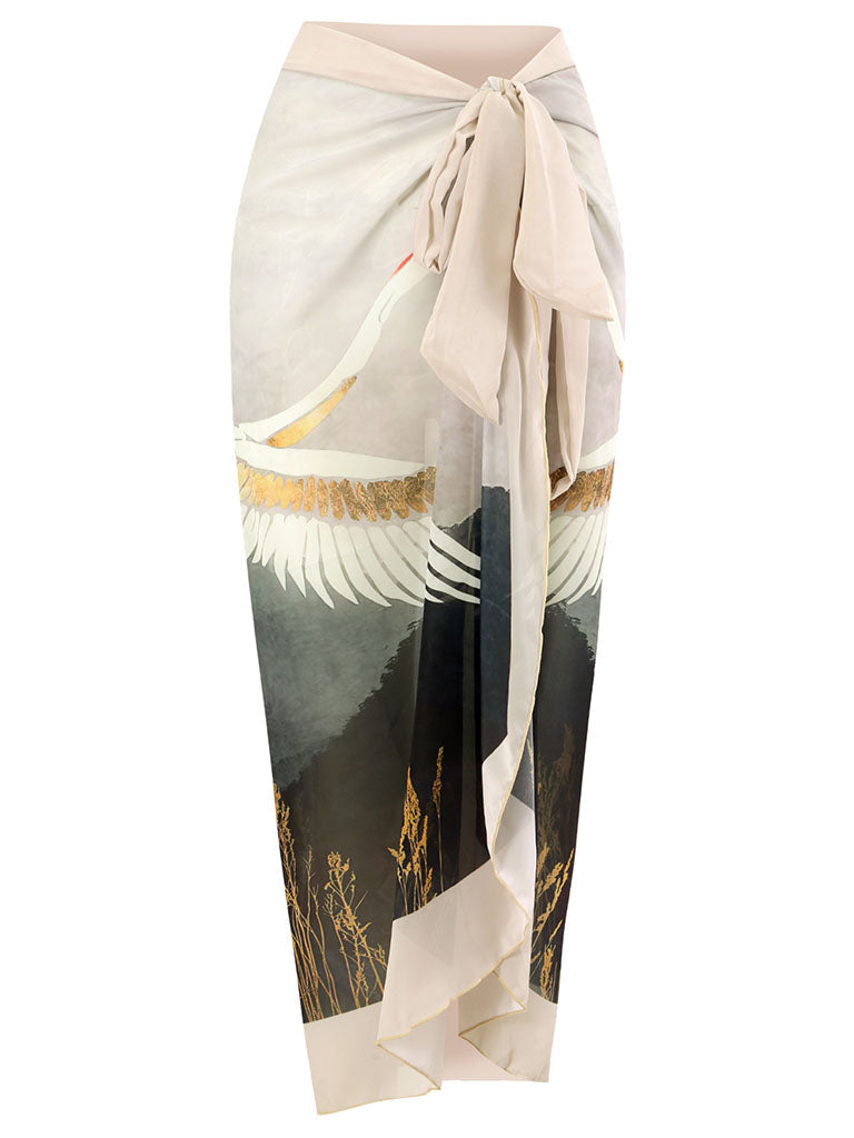 Cranes Bird Print Retro Style V Neck One Piece