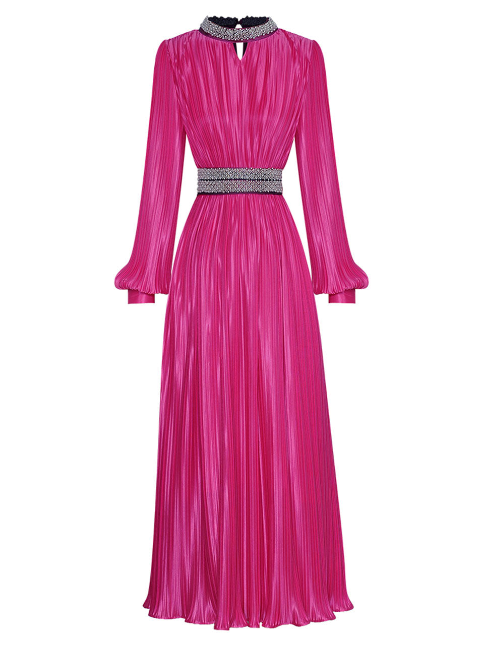 Green Pleated Long Sleeve Beading Romantic Stain Maxi Dress