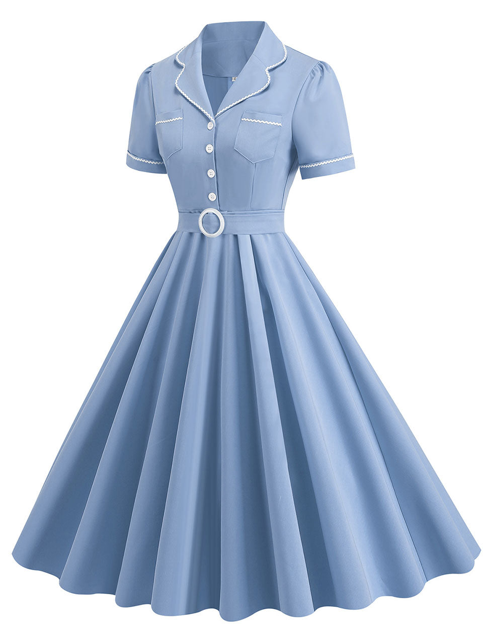 Blue 1950s Vintage Shirt Dress for Short Sleeve Audrey Hepburn Style Cocktail Swing Dress