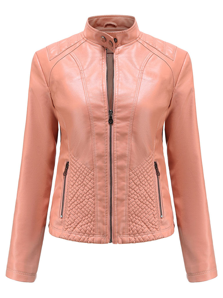 Stand Collar Long Sleeve PU Leather Motorcycle Jacket