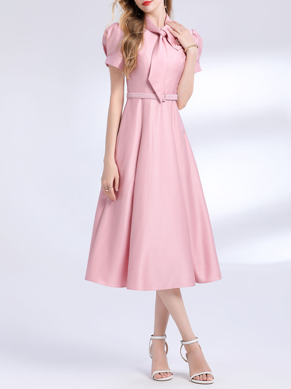 Pink Satin Bowknot Short Sleeve Classic 1950S Vintage Sweet Party Dress