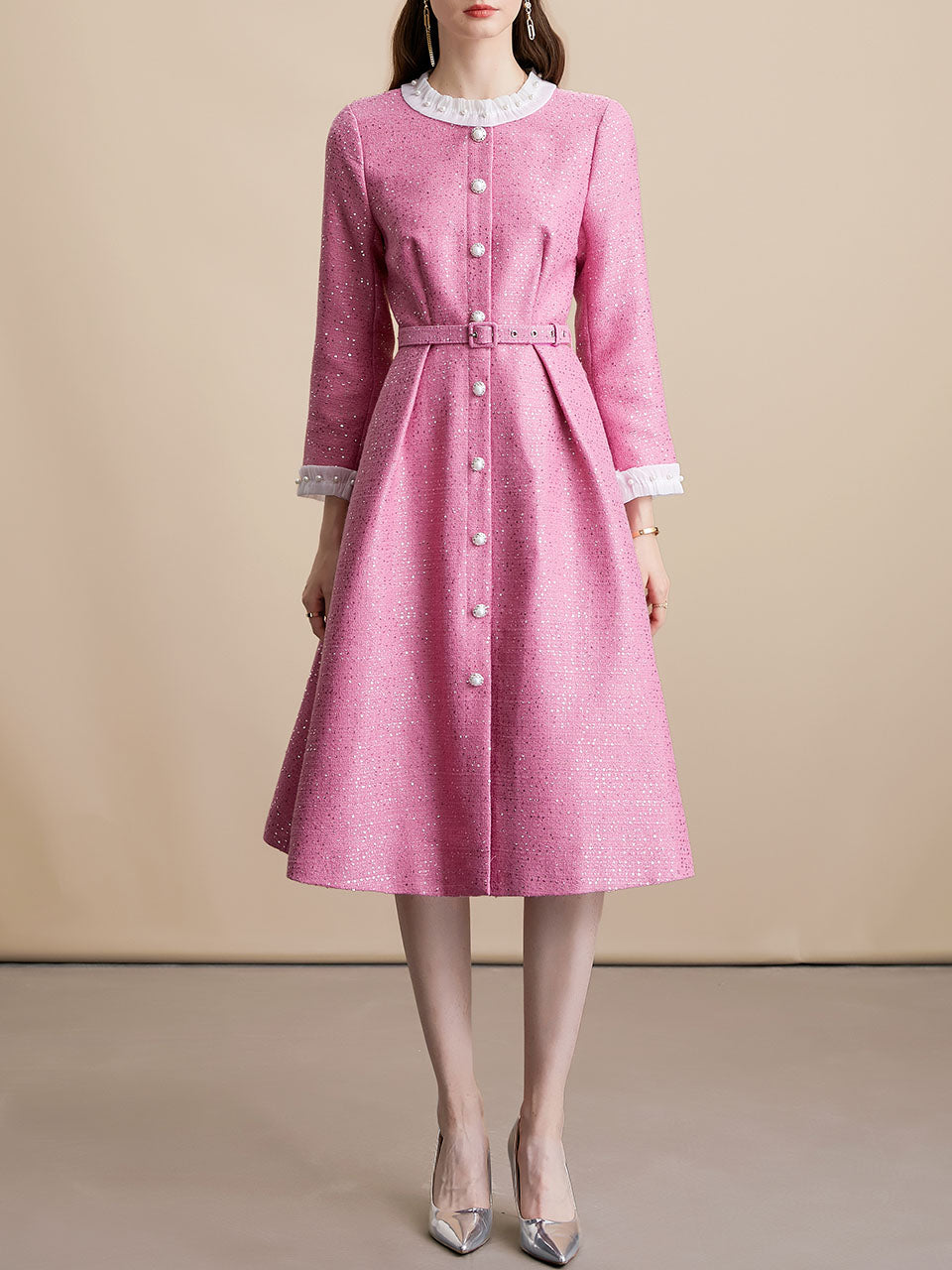 Pink Sequins Long Sleeve Classic 1950S Vintage Dress Coat