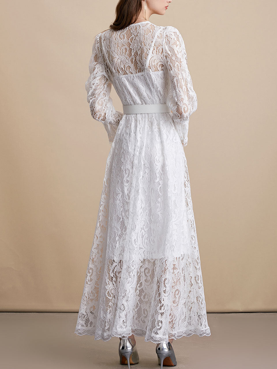 White V Neck Long Sleeve Classic 1950S Vintage Lace Dress