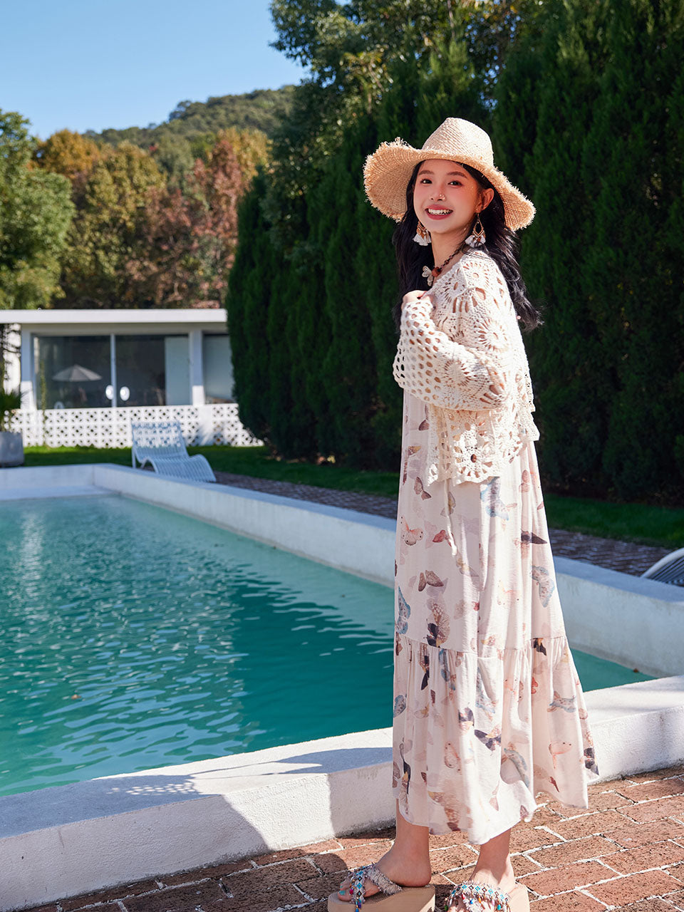 Bohemian Retro Sweet Butterfly Print Beaded Strap Boho Maxi Dress