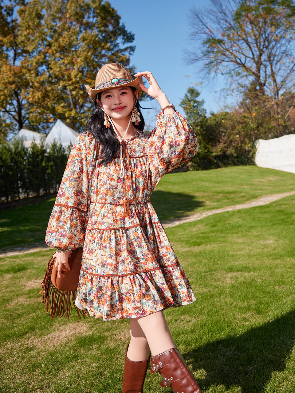 Bohemian Orange Printed Long-sleeved Mini Dress