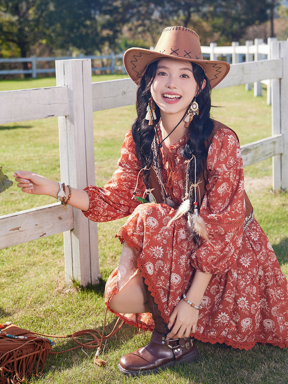 Bohemian Orange Printed Long-sleeved Mini Dress