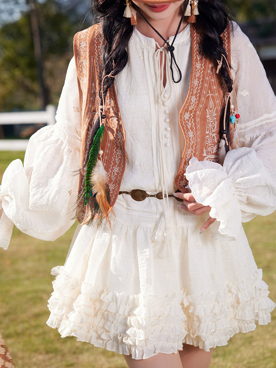 Bohemian White Long-sleeved Mini Dress