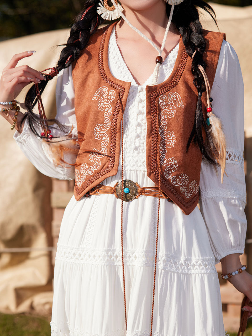 Bohemian White Long-sleeved Cotton Tassel Maxi Dress