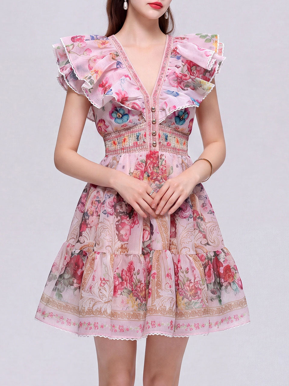 Boho Yellow Floral Printed Chiffon V-Neck Ruffled Summer Beach Mini Dress