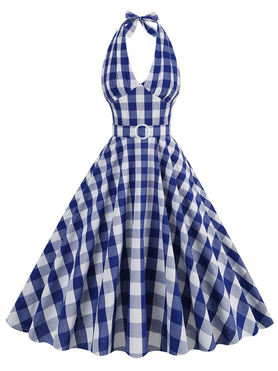 Pink And White Plaid Halter Deep V Neck 1950S Vintage Dress