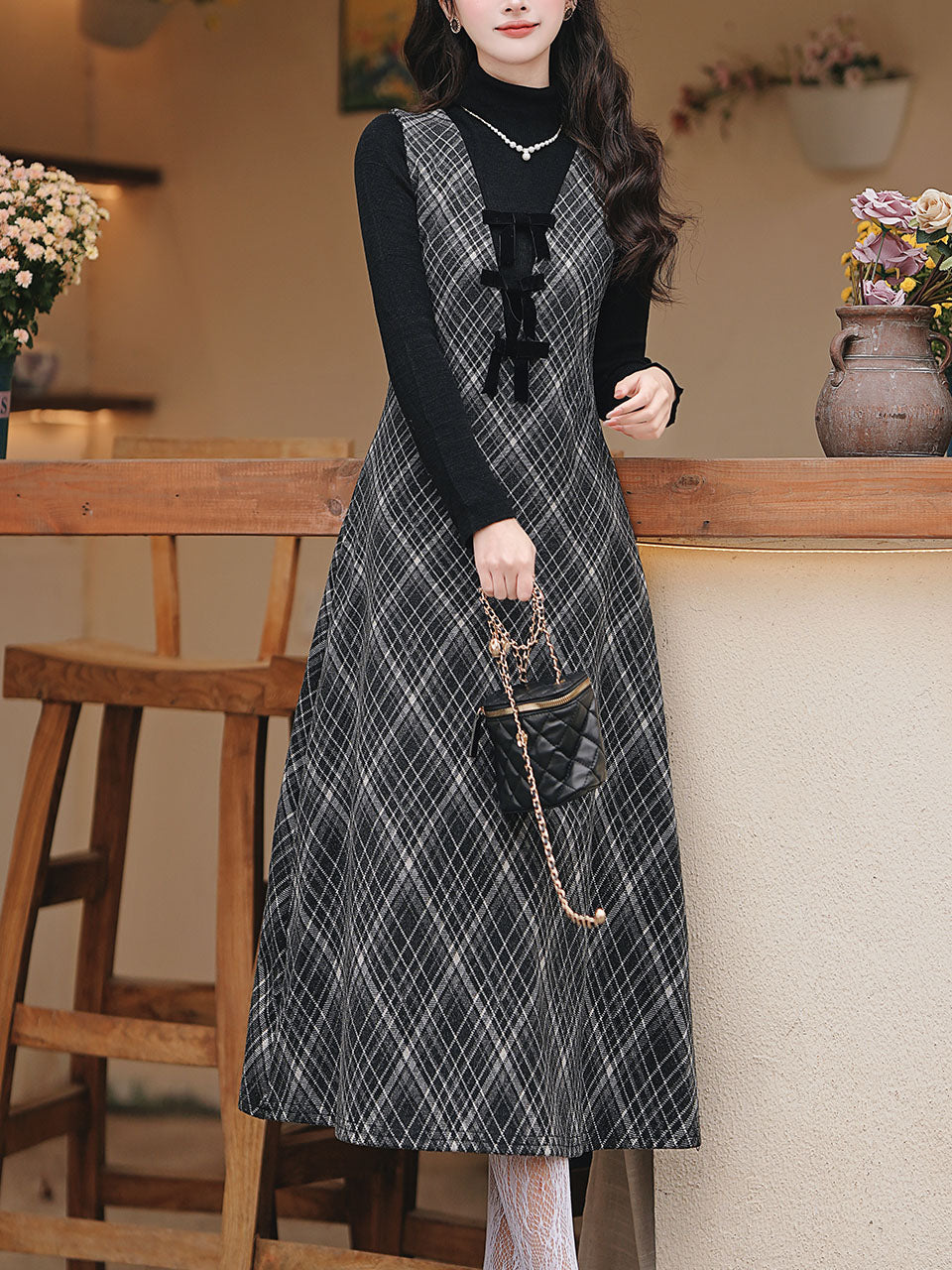 2PS Black Bowknot Retro Plaid Suspender Dress