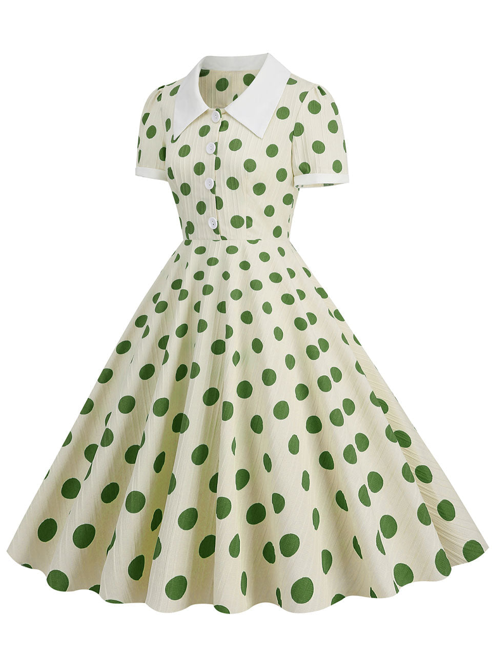 Green Polka Dots Johnny Collar Short Sleeve Swing Vintage 1950S Party Dress
