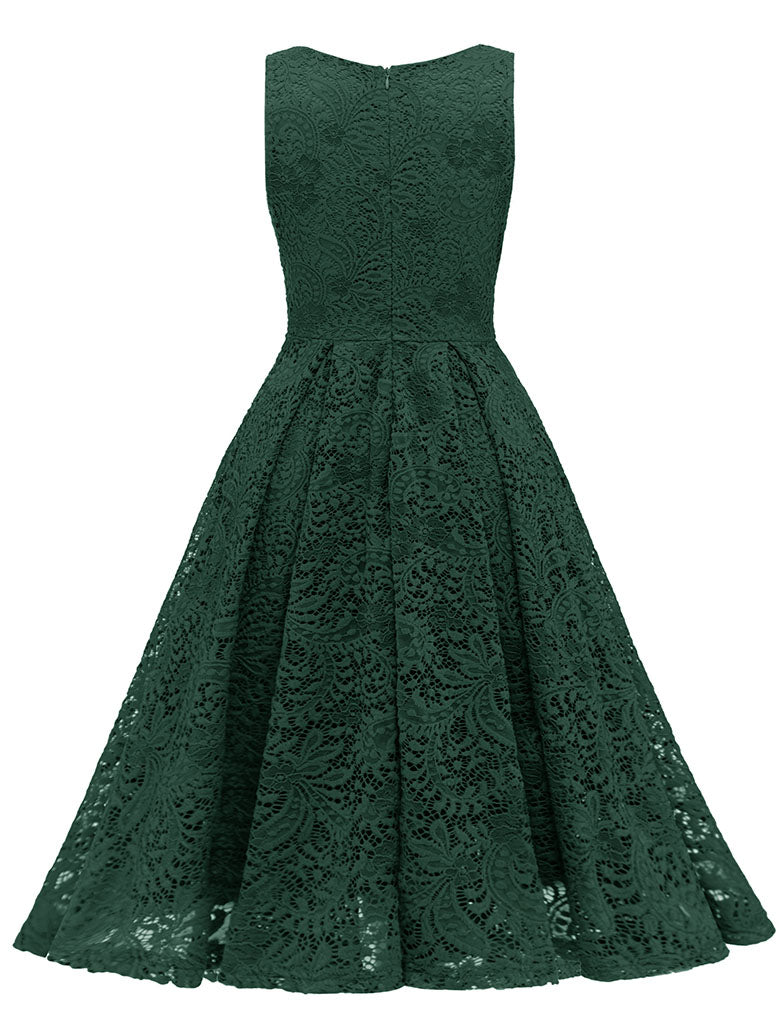 Solid Color Lace Sleeveless V Neck 50s Party Swing Dress