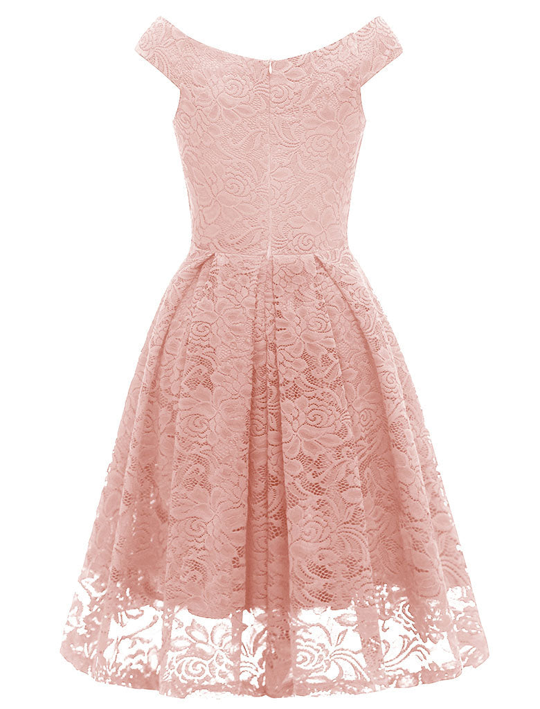 Solid Color Lace Cap Sleeve V Neck 50s Party Swing Dress