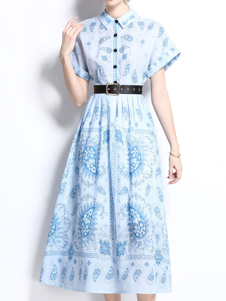1940S Classic Shirt Collar Vintage Print Cotton Dress