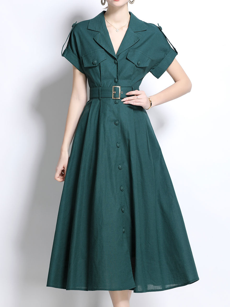 1940S Lapel Shirt Cotton Dress