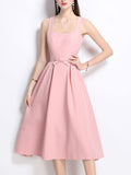 Pink Satin U Neck Sleeveless Bow 1950S Vintage Sweet Party Dress