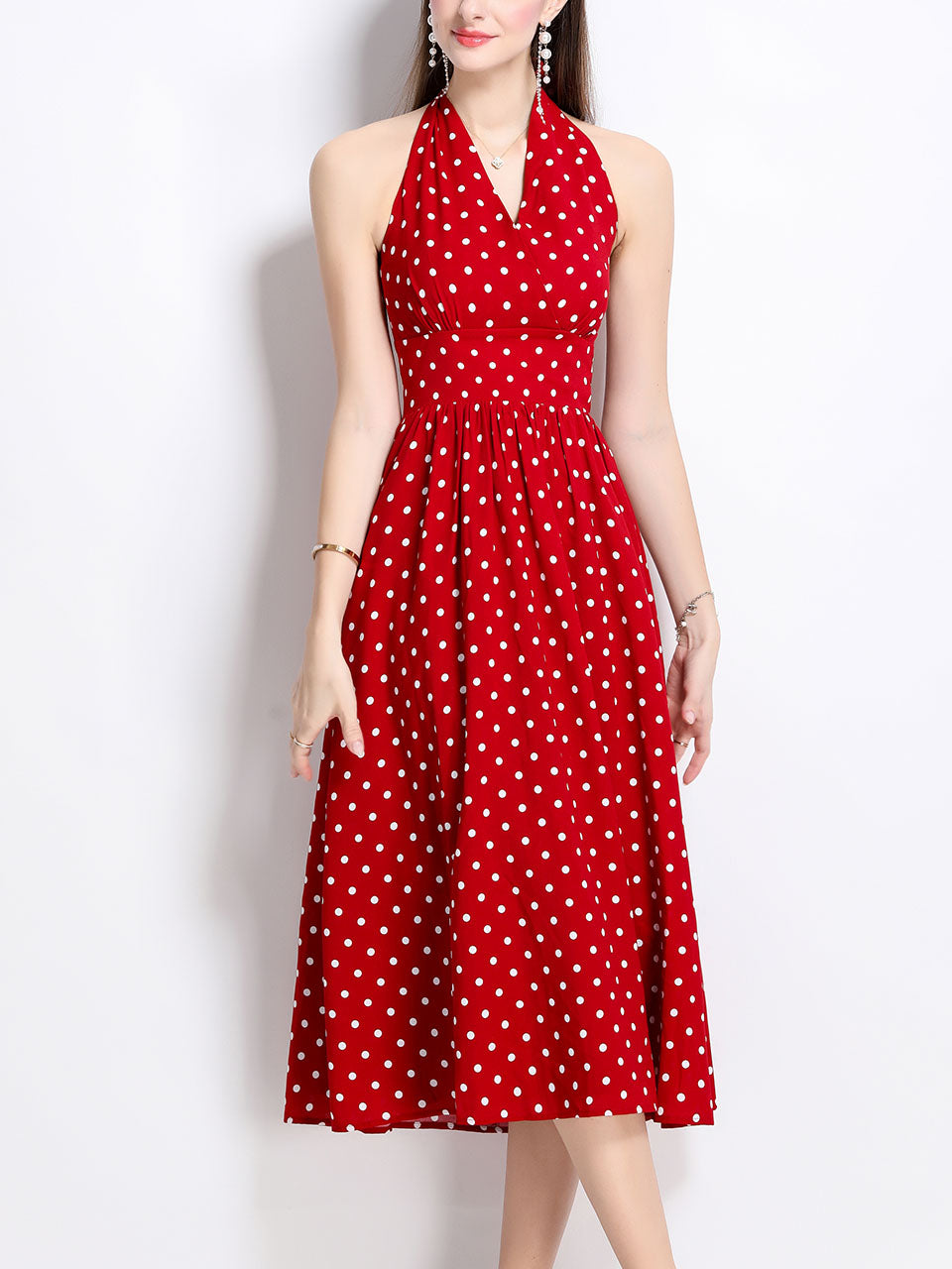 1950S Hepburn Style Outfits Polka Dots Halter Swing Dress