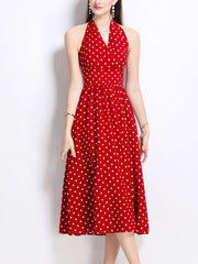 1950S Hepburn Style Outfits Polka Dots Halter Swing Dress