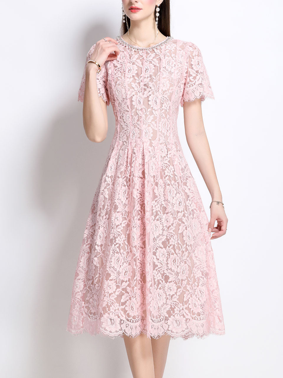 Pink Crew Neck Short Sleeve Classic 1950S Vintage Lace Dress