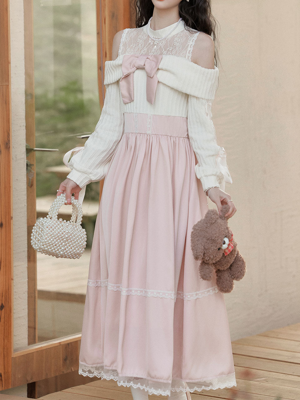Sweetheart Pink Cold Shoulder Lace Long Sleeve Vintage Dress