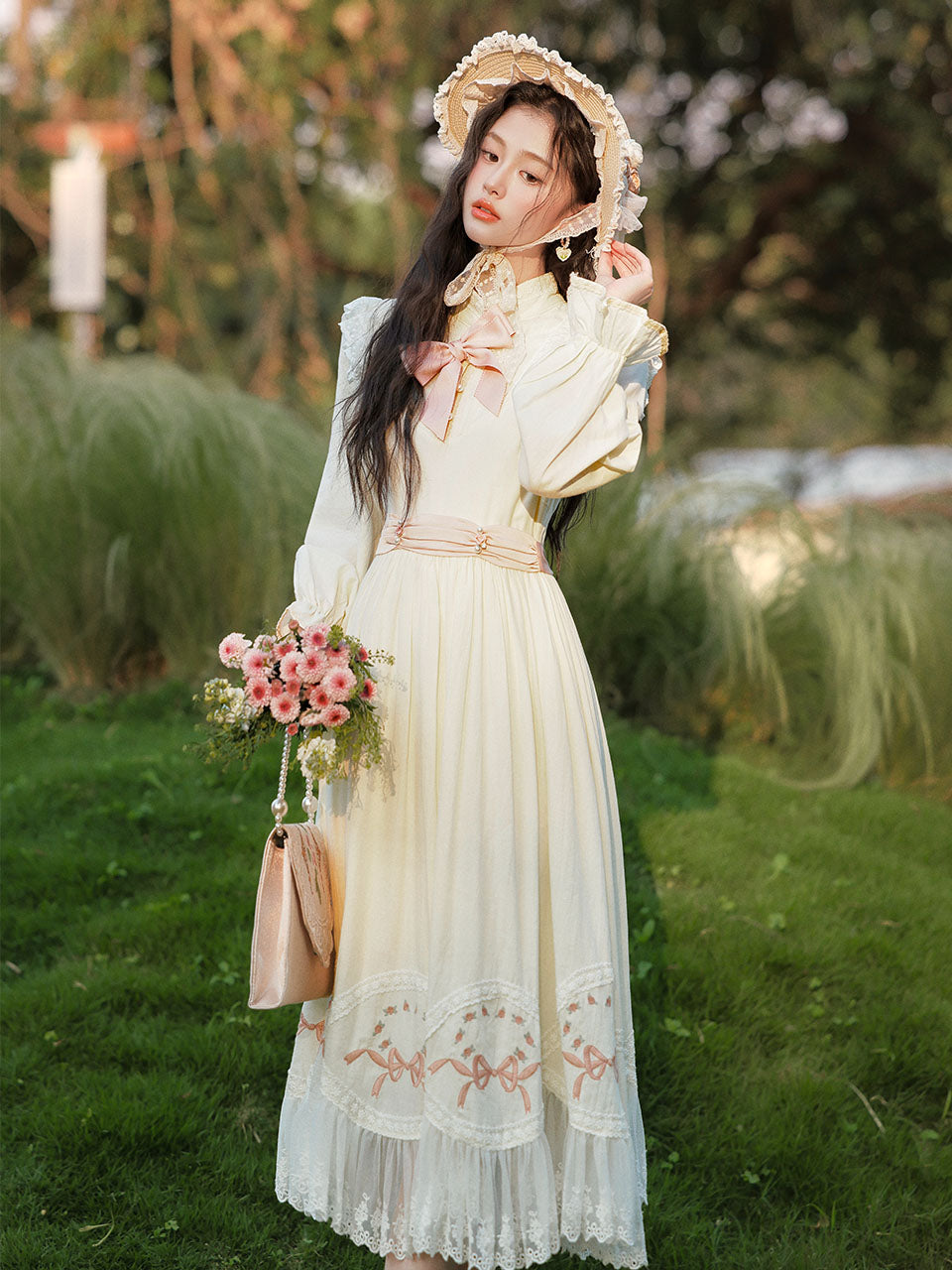 White Edwardian High Neck Lace Embroidered Vintage Dress