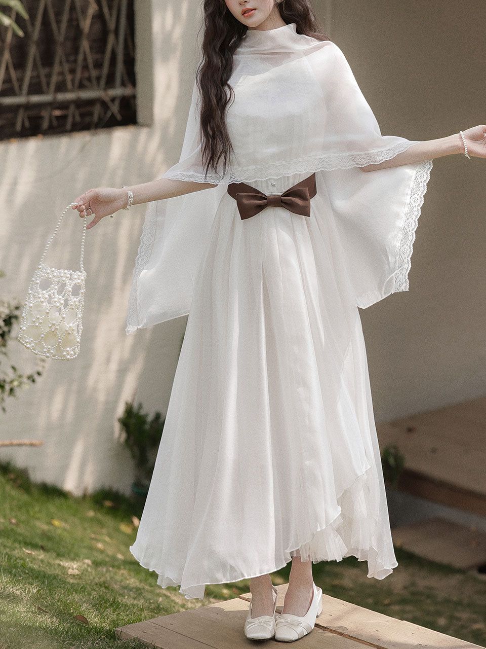 2PS White Lace Chiffon Cape Vintage Dress Set