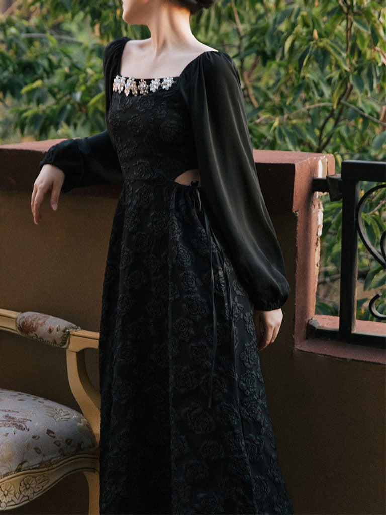 Black Glass Diamond Rose Jacquard Hollow-carved Dress 1950S Hepburn Style Outfits