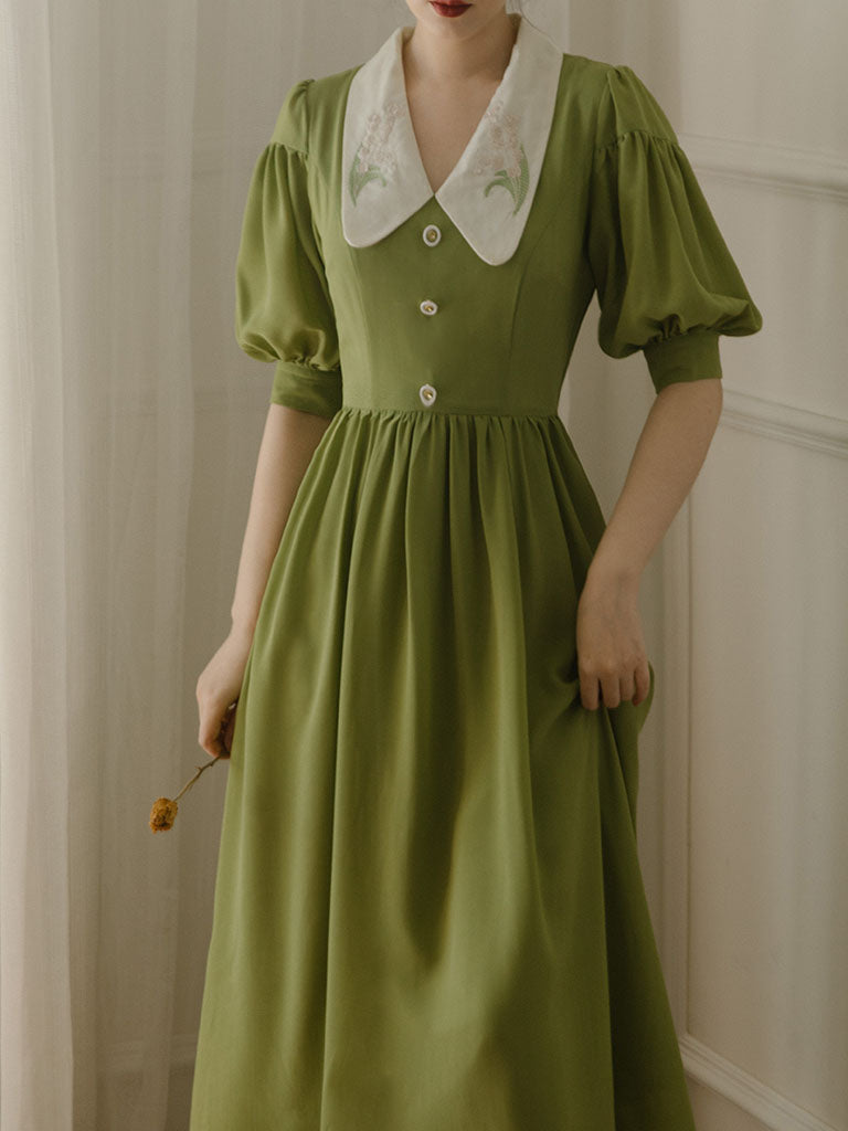 Green Chelsea  Floral Embroidered Collar Audrey Hepburn 1950S Dress