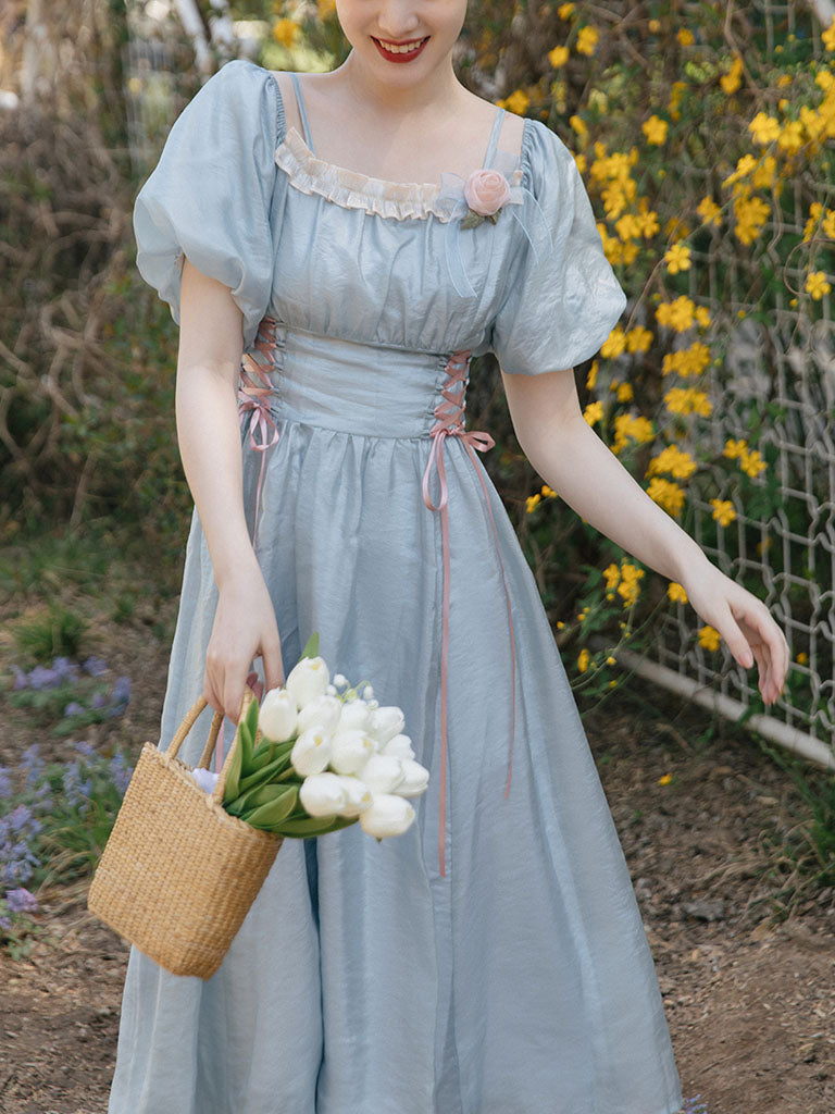 Baby Blue Square Collar Flower Princess Vintage Dress