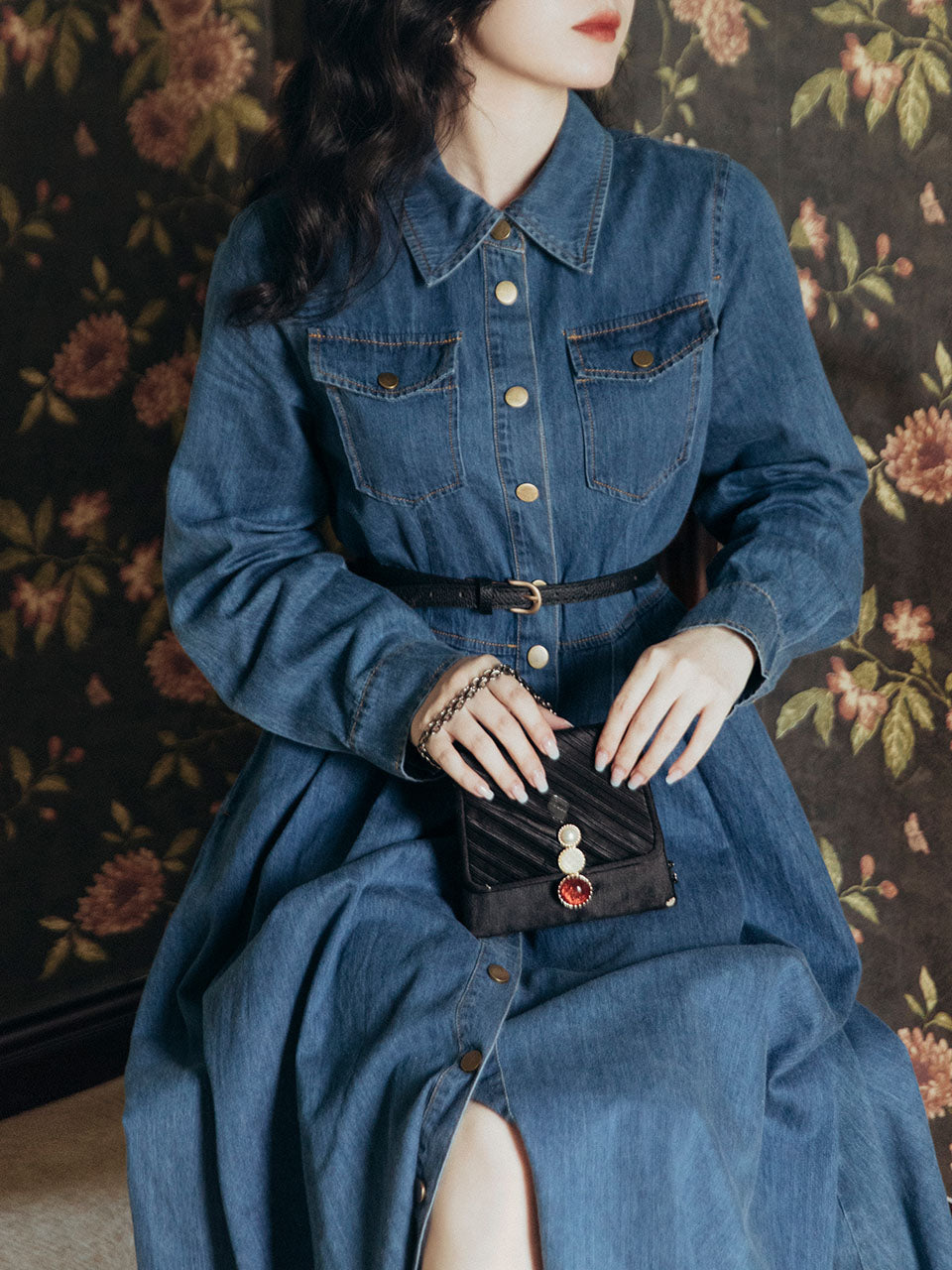 Denim Lapel Long Sleeve 1950S Swing Vintage Dress