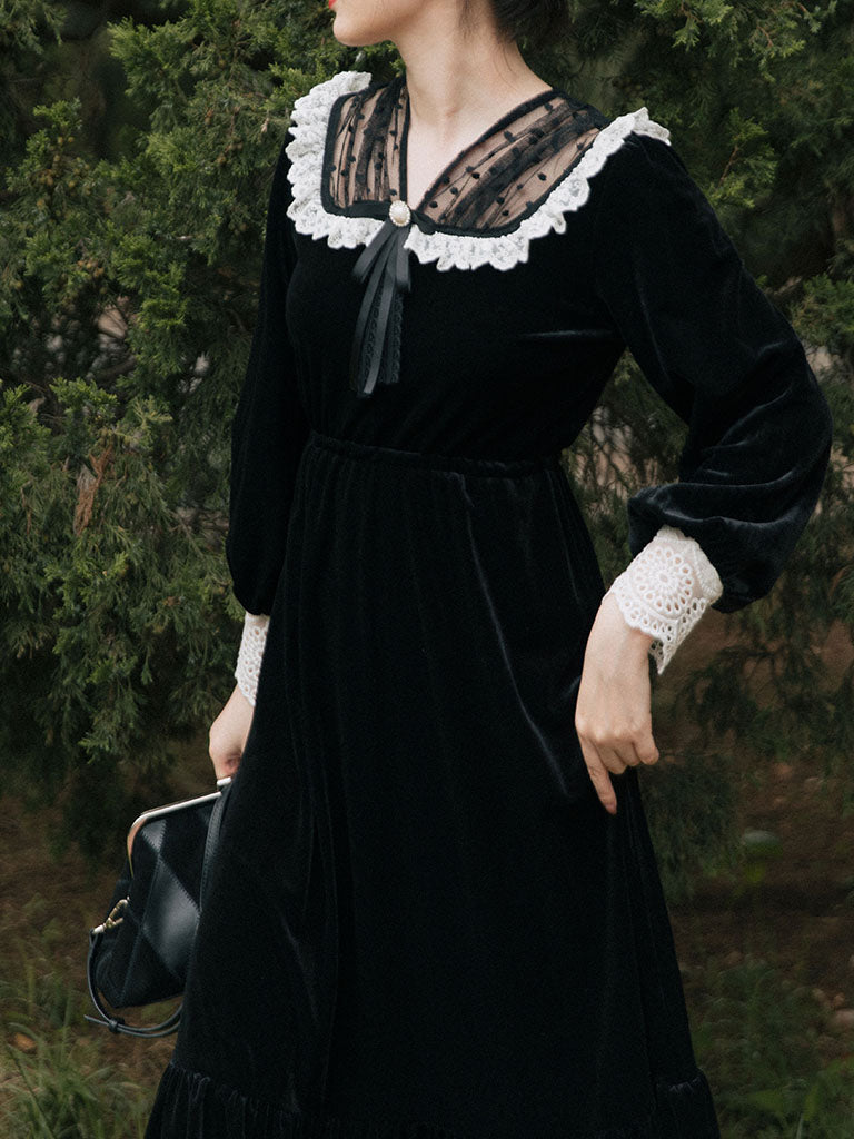 Black Semi-Sheer Velvet  Long Sleeve Lace Vintage Dress