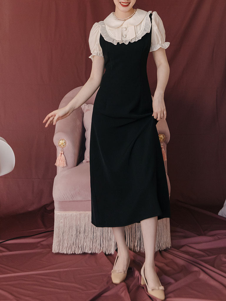 Black Peter Pan Ruffles Puff Sleeve Audrey Hepburn 1950S Dress