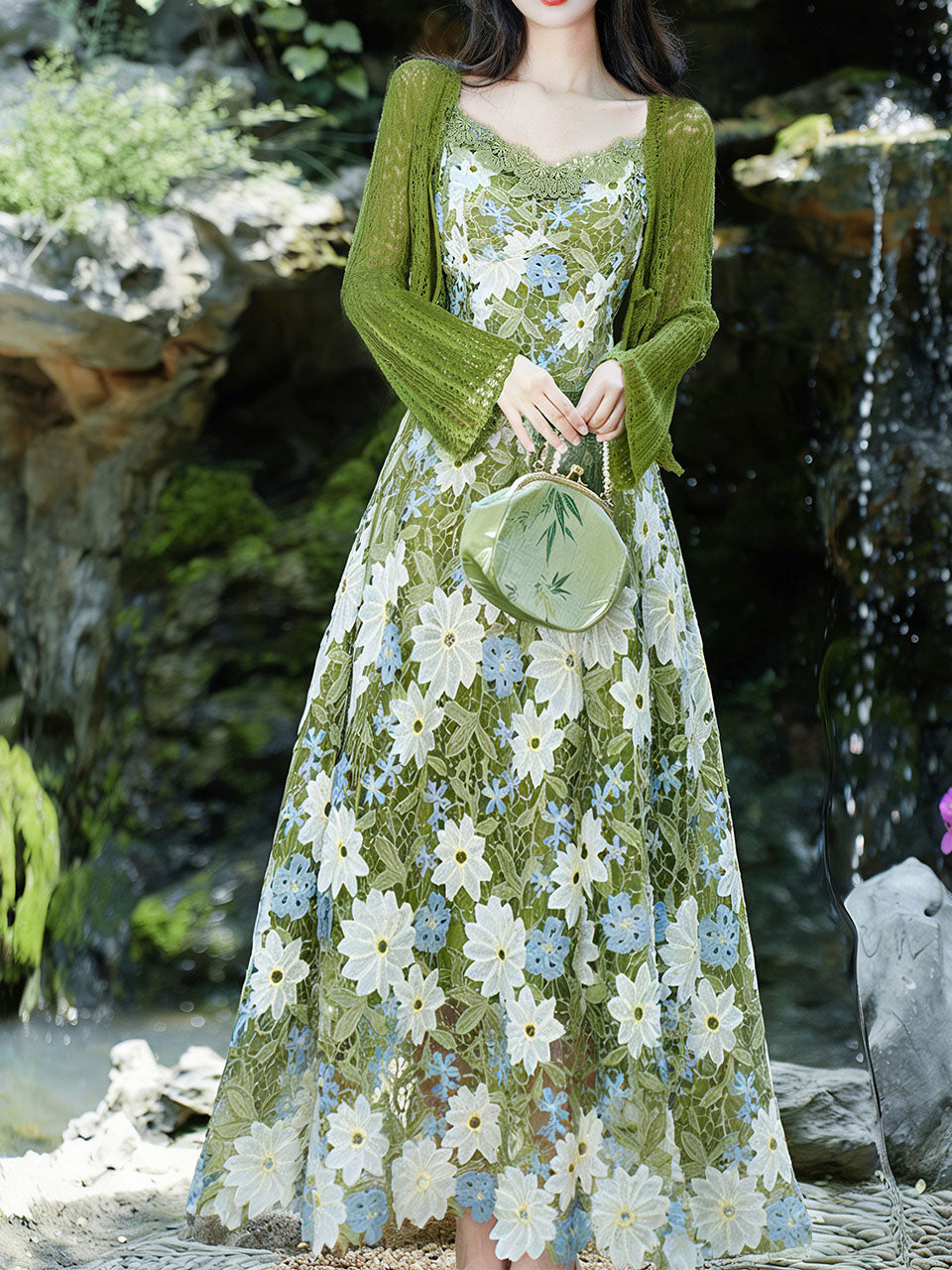 Green Floral Embroidered Lace Maxi Dress Prom Dress