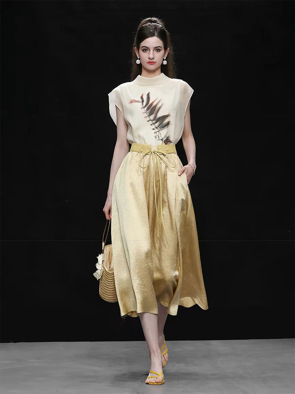 2PS Silk Printed Sleeveless Top and Gold Metallic Midi Skirt Dress Set