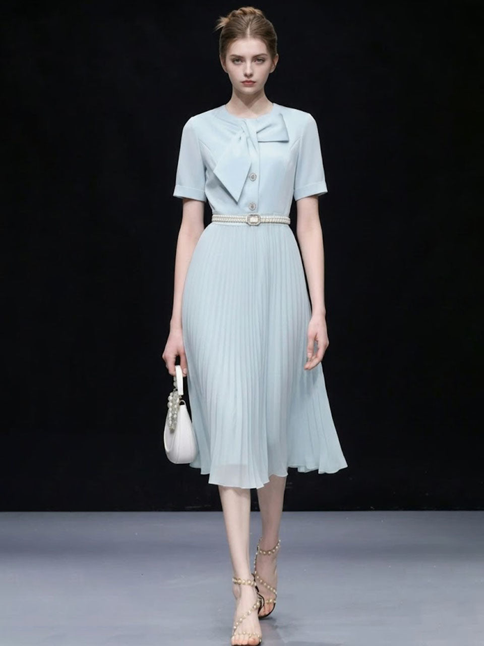 1950s Light Blue Bow Tie-Neck Pleated Swing Dress