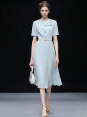 1950s Light Blue Bow Tie-Neck Pleated Swing Dress