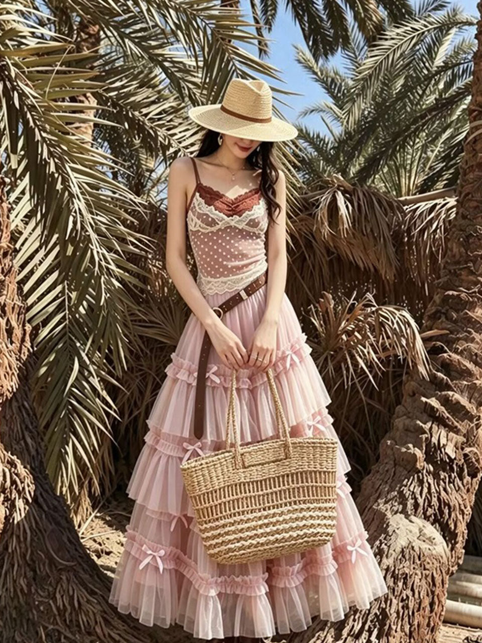 Pink Bohemian Polka Dots Camisole Top and Maxi Skirt Set