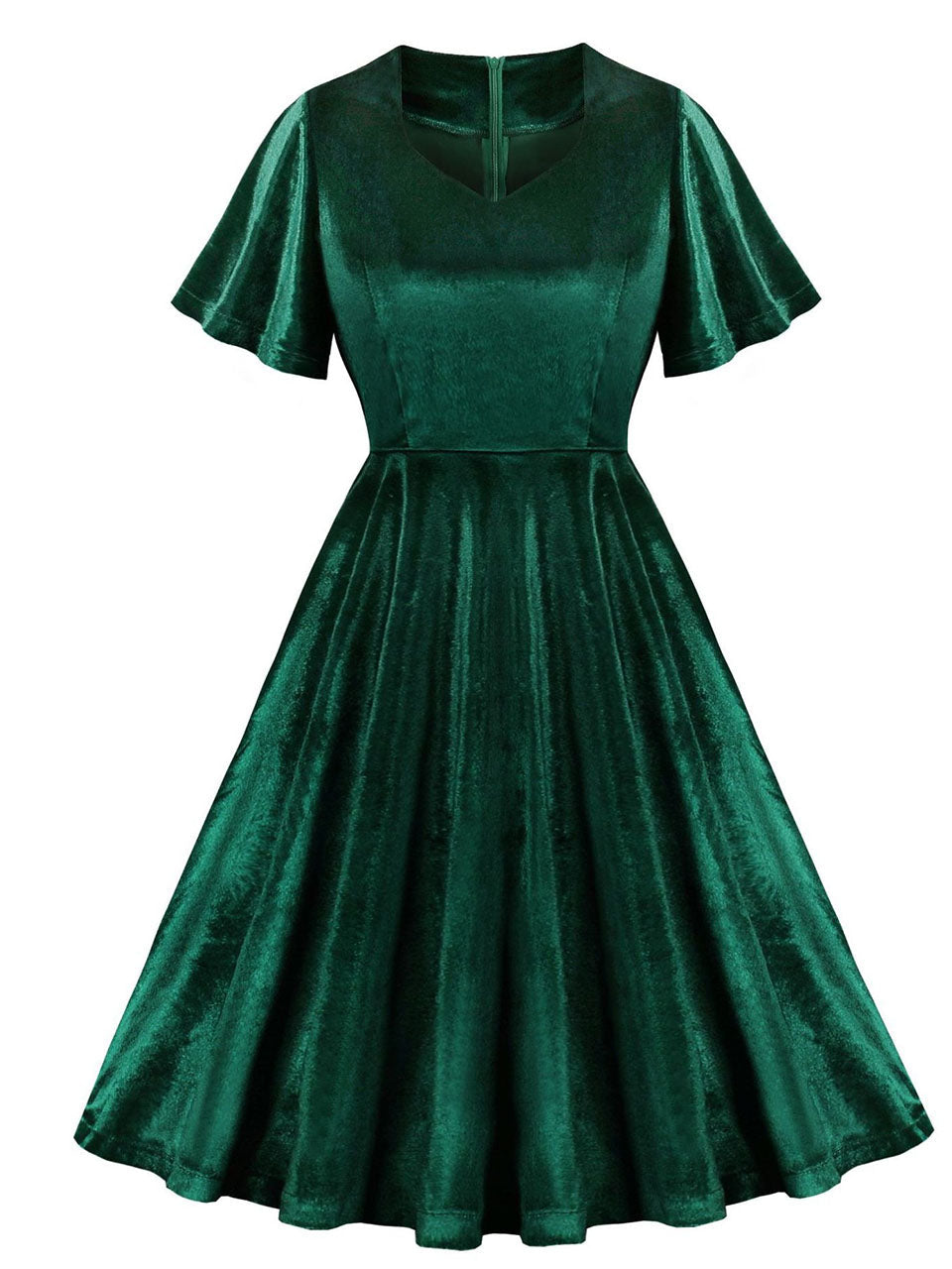 Christmas Green V Neck Velvet 1950S Vintage Swing Dress